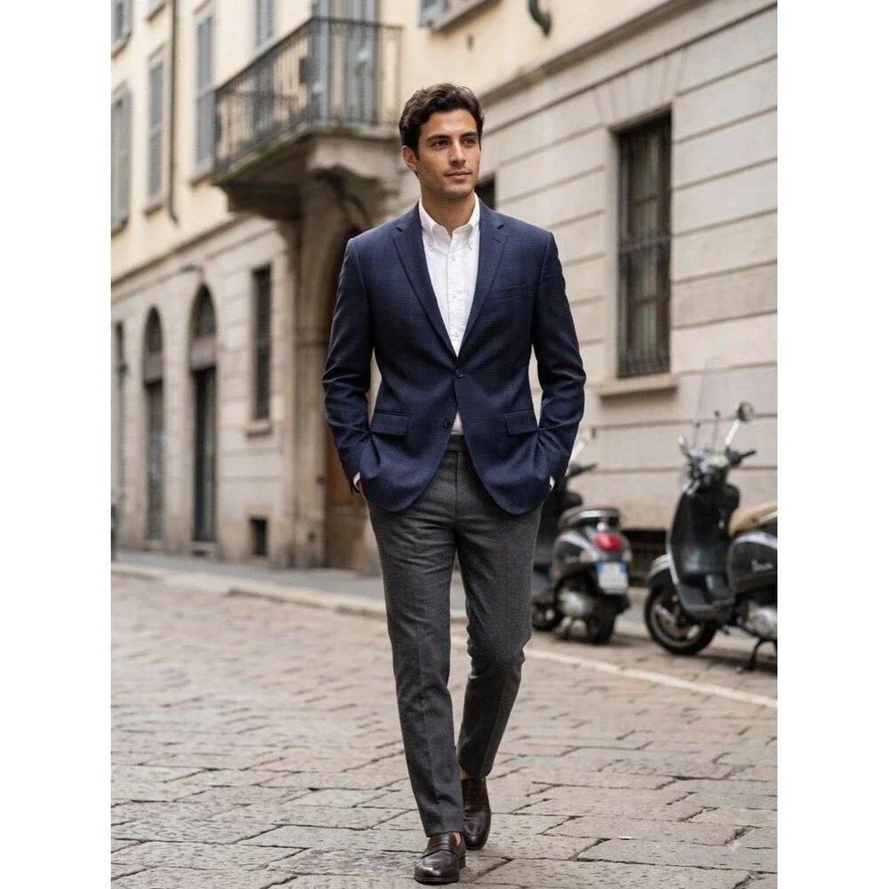 NEW Banana Republic Mens Blazer 40R Slim Fit Navy Plaid Marzotto Super 100s Wool